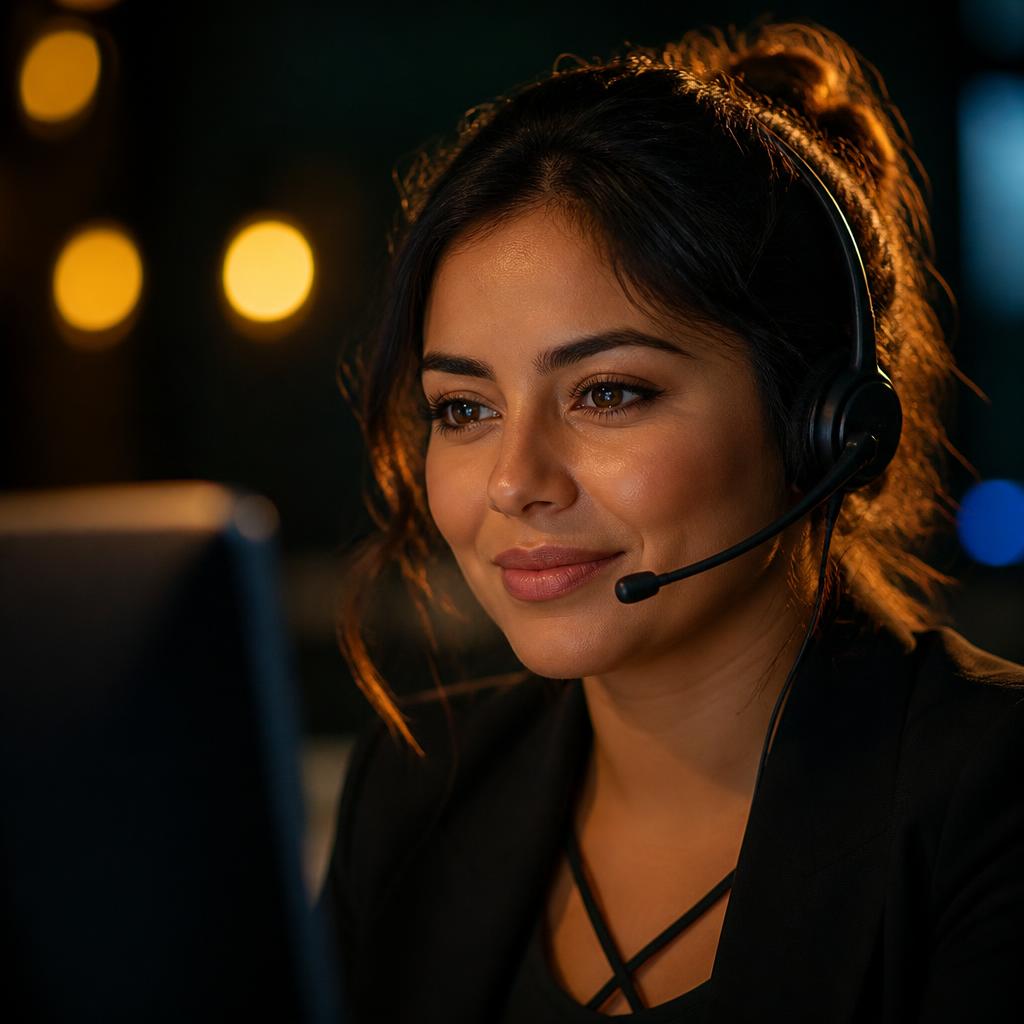 Agente bilingue de Kewix répondant à un appel entrant avec casque d'écoute