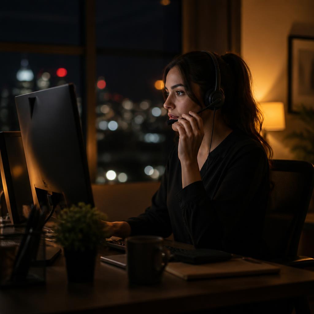 Agent Kewix traitant un appel d'urgence de nuit dans le centre de contact